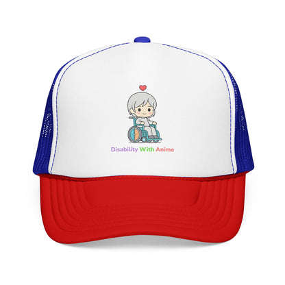 Disability With Anime Trucker Hat — Cute Wheelchair Character Foam Truckers Cap