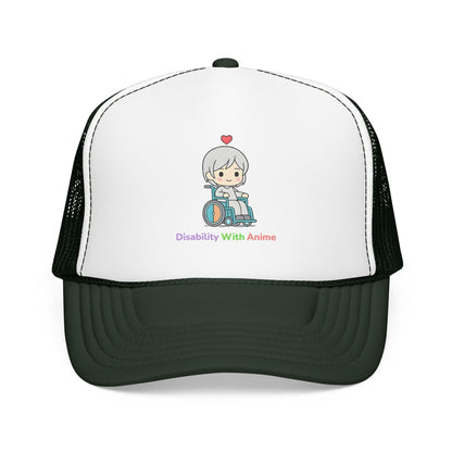Disability With Anime Trucker Hat — Cute Wheelchair Character Foam Truckers Cap