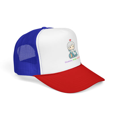 Disability With Anime Trucker Hat — Cute Wheelchair Character Foam Truckers Cap
