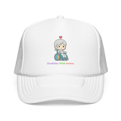 Disability With Anime Trucker Hat — Cute Wheelchair Character Foam Truckers Cap