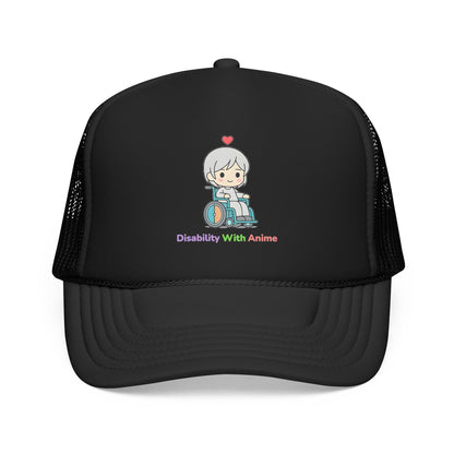 Disability With Anime Trucker Hat — Cute Wheelchair Character Foam Truckers Cap