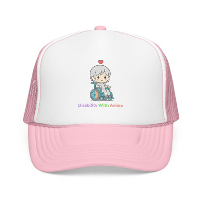 Disability With Anime Trucker Hat — Cute Wheelchair Character Foam Truckers Cap
