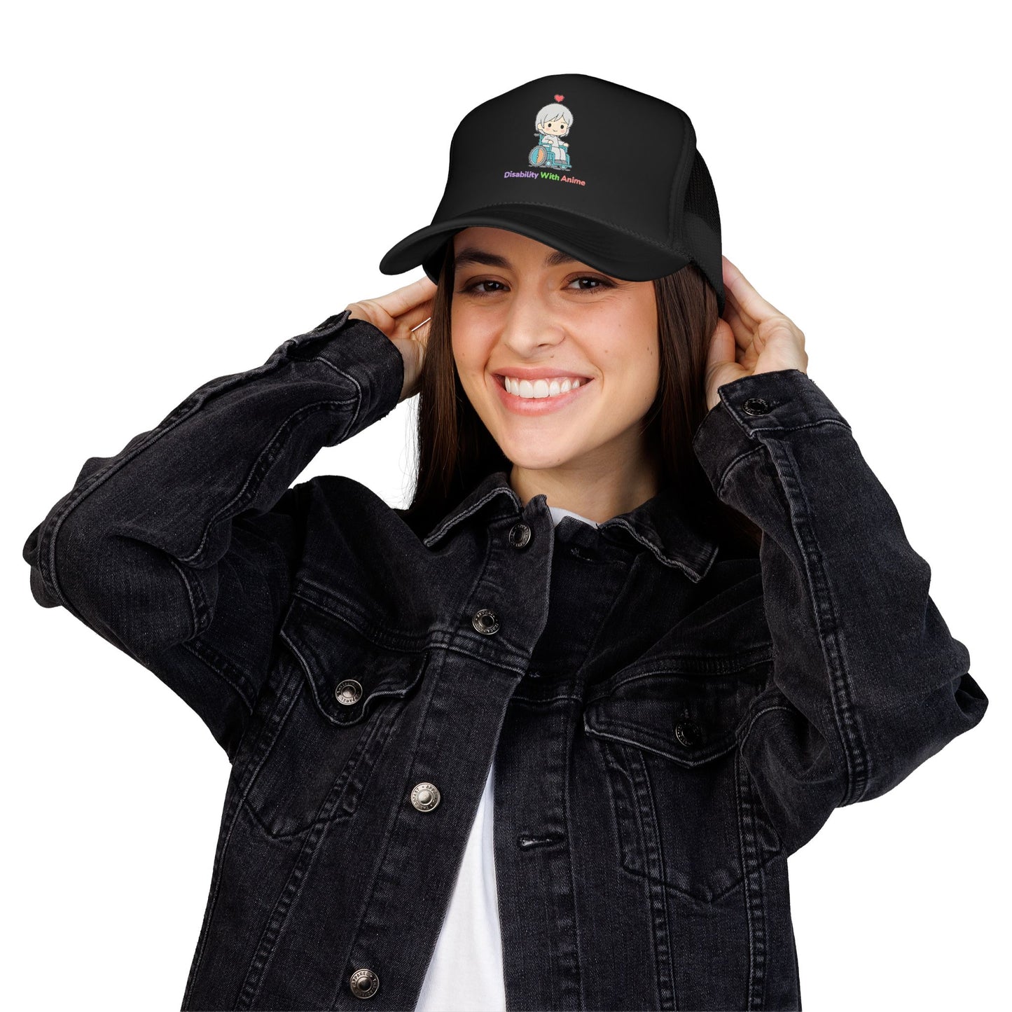 Disability With Anime Trucker Hat — Cute Wheelchair Character Foam Truckers Cap
